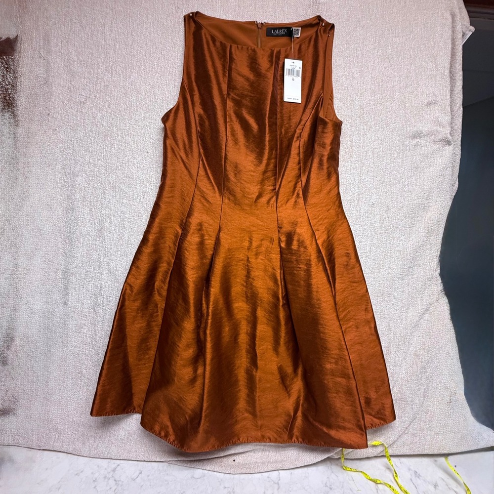 Lauren Ralph Lauren Brown Metallic Shimmer Sleeveless A-Line Cocktail Dress 10